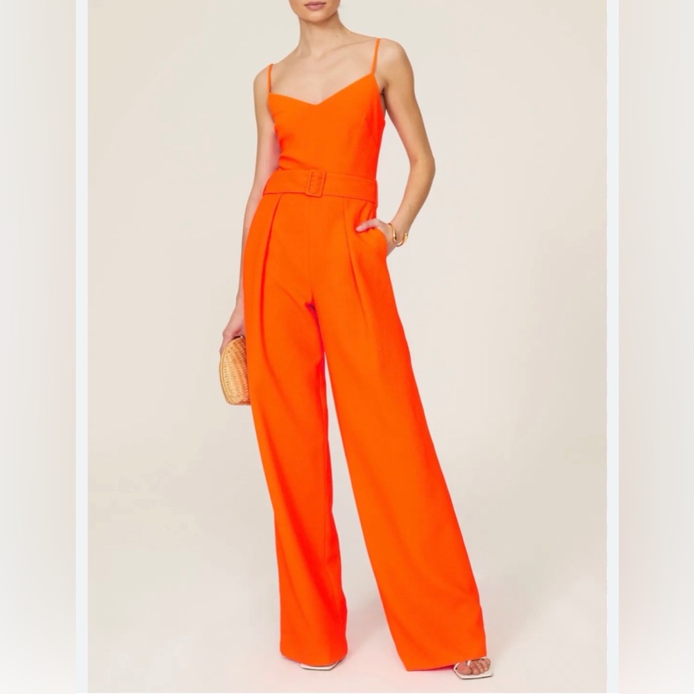 Black Halo Evie Wide-Leg V-Neck Belted Sleeveless Orange Jumpsuit W/Pockets Sz 2